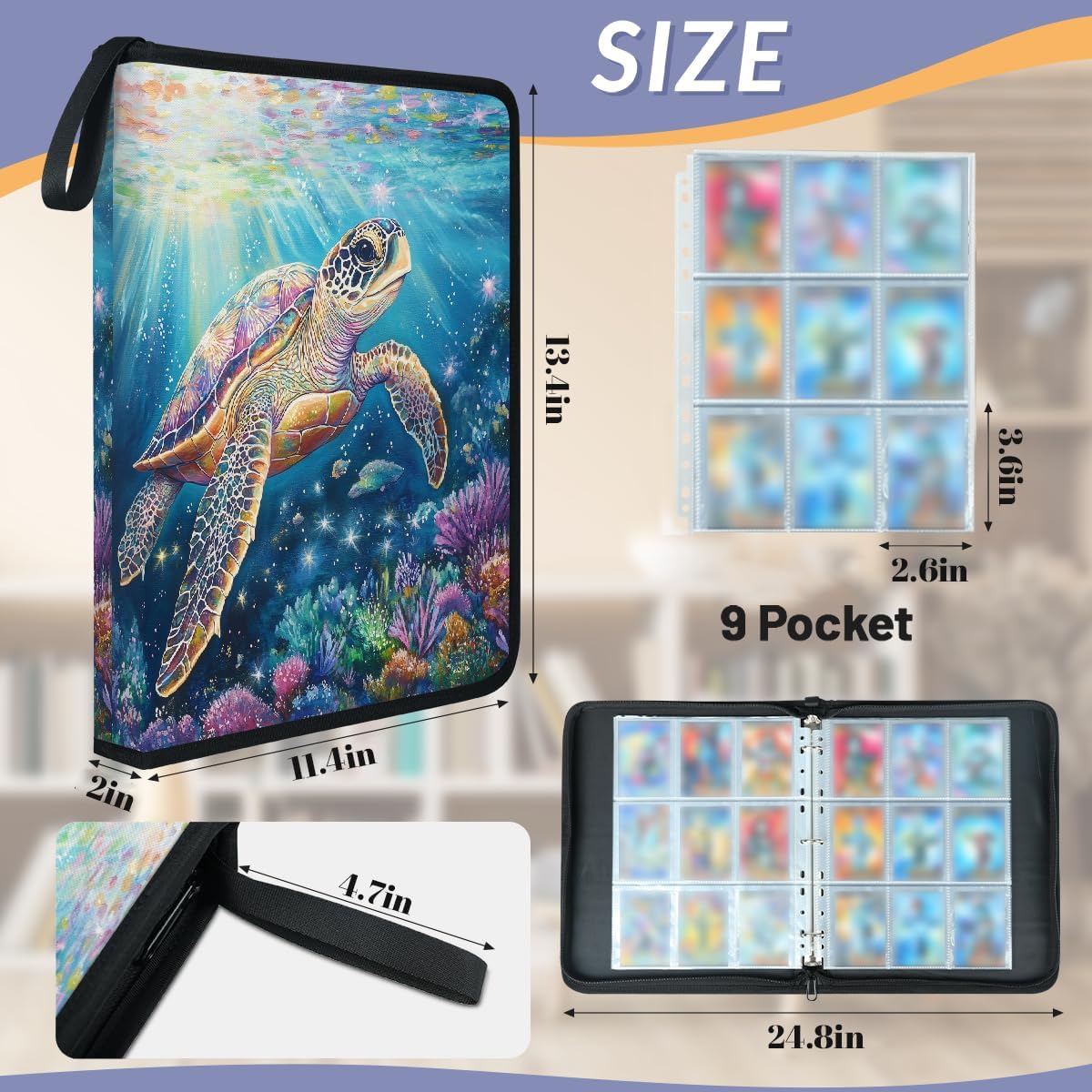 Card Binder 9 Pocket with 50 Removable Sleeves - Holds 900 Trading Cards, Turtle Rainbow Ocean 3-Ring Zip Top Loader Binder, Protective Album for Collectors