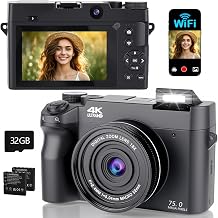4K 75MP Digitalkamera mit WLAN, 3 Zoll LCD-Bildschirm Fotokamera mit 18X Zoom, Front und Rückobjektiv, 32GB Karte, 2 Batterien, Kompakte Vlog Kamera für Teens, Einsteiger