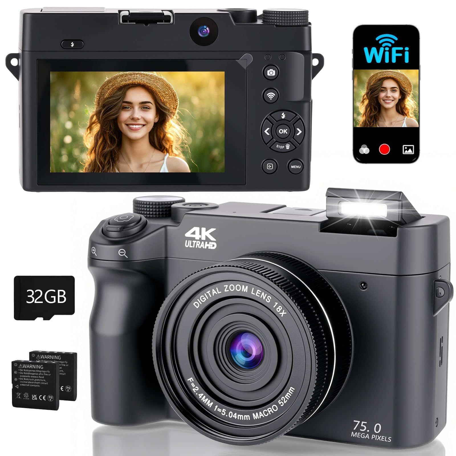 Camara de Fotos 4K 75MP - Zoom Digital 18X Camara Digital Enfoque Automático, Pantalla IPS de 3", Selfies/Vlogging, Tarjeta de 32GB, Camaras Compacta para Principiantes, Adolescentes (Negro)