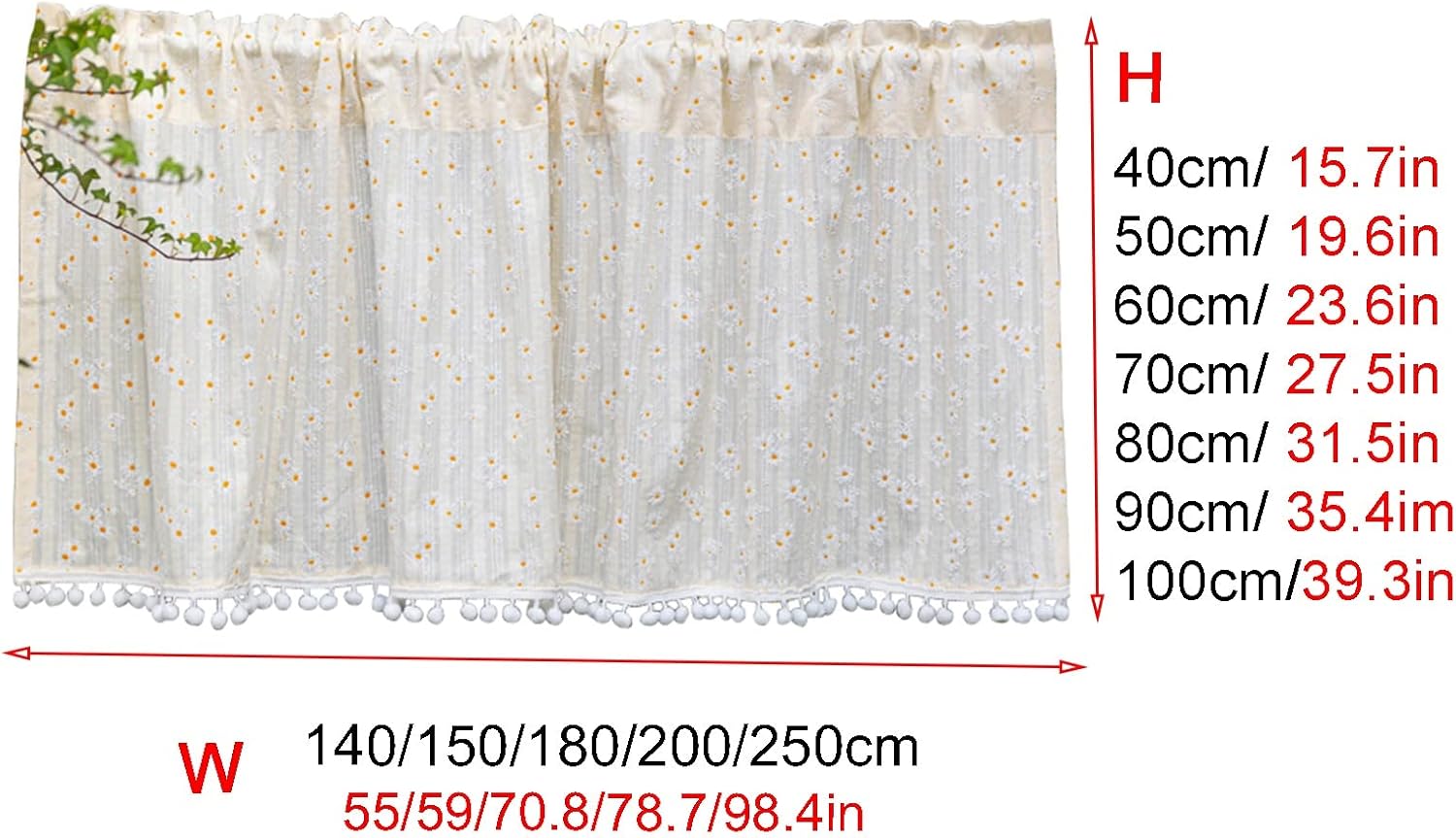 Cotton Kitchen Curtain, Rural Style Small Flower Tier Curtains Valance Panels Rod Pocket, For Decor Windows, Cabinet, Cafe, Living Room, Bedroom, Bathroom ( Color : Light yellow , Size : W250xH80cm )