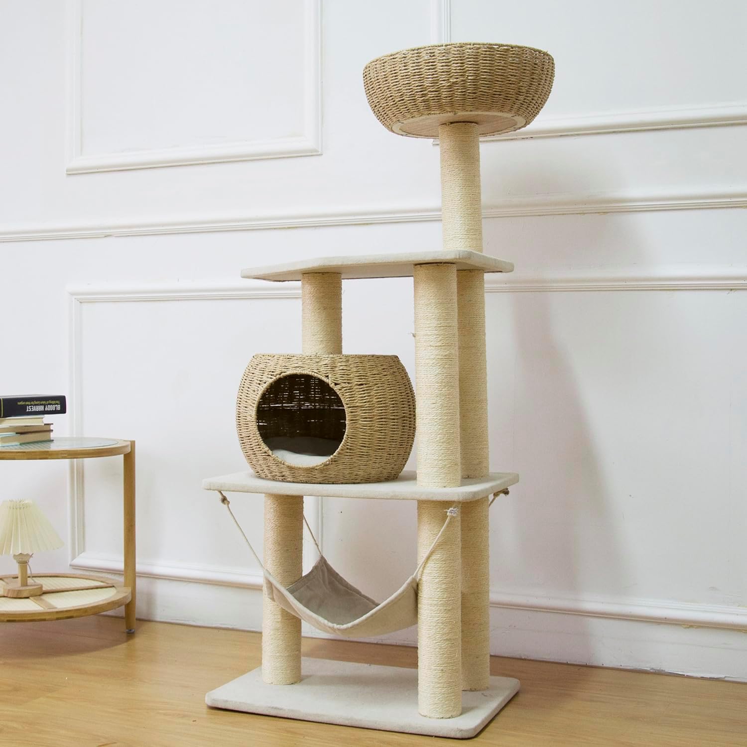 54 Inch Cat Tree for Indoor Cats, Tall Wooden Cat Tower with Scratching Posts, Rattan Condo and Perch, Multi-Level Cat Climber, Stylish Pet Furniture
