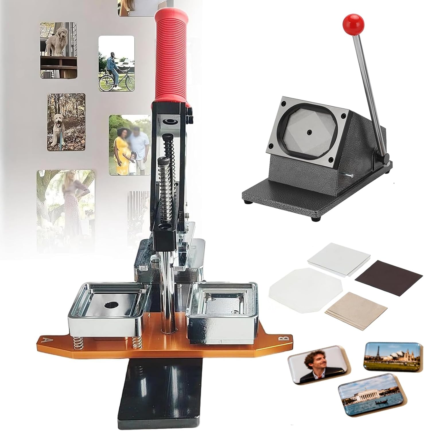 Photo Magnet Maker Machine 2x2/2.5x2.5/3x2/3.5x2.5 inch Square/Rectangle, Fridge Magnet Making Press Kit with Paper Cutter, 100 Sets of Cardboard Materials and 100 Photo Paper Included