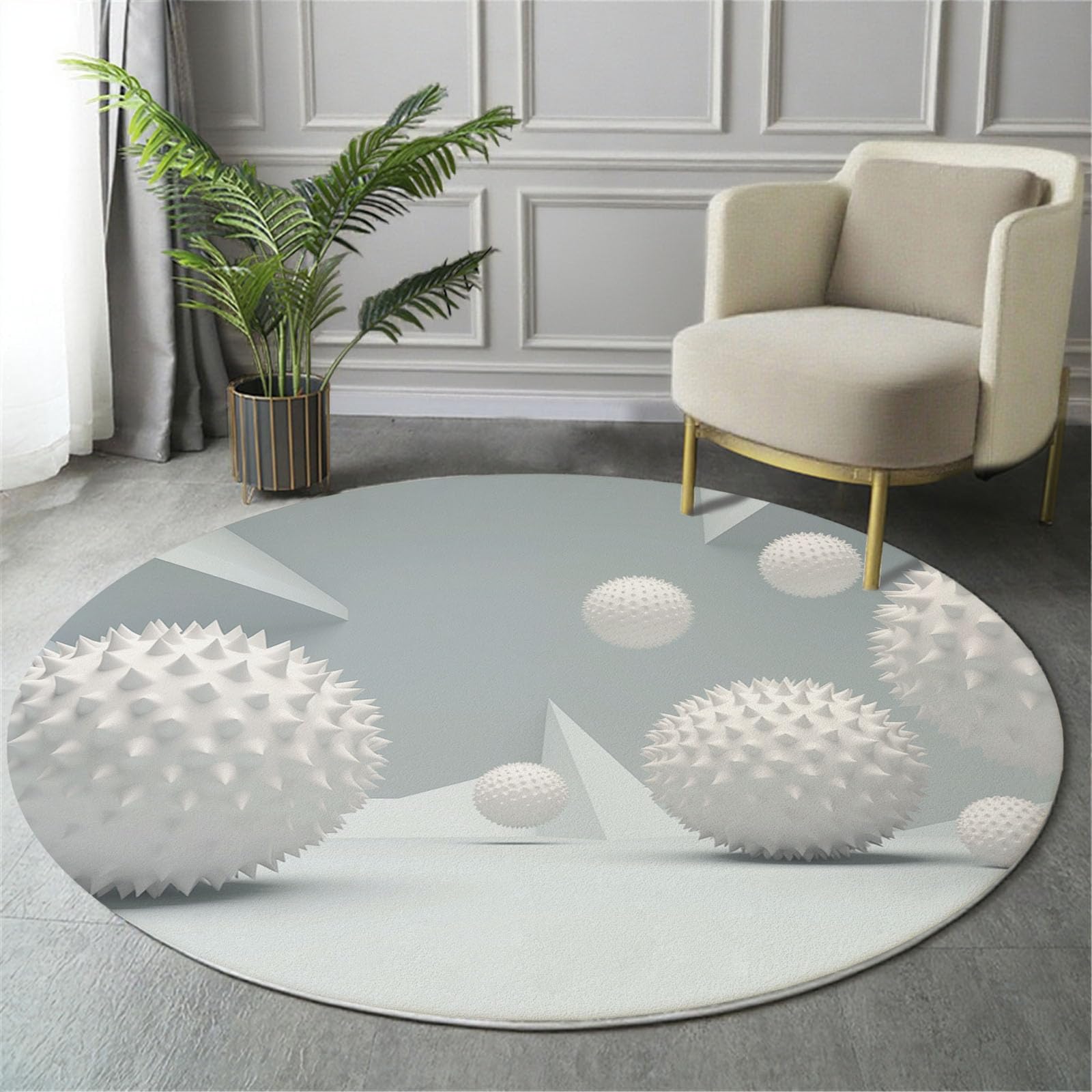 Tapis rond géométrie sphère pointe imprimé blanc style moderne