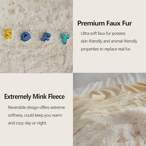 Miniatura 5 de GONAAP Manta mullida de piel sintética doble, color marfil, súper suave y acogedora manta lanuda para sofá o cama (doble marfil, manta de 50 x 60