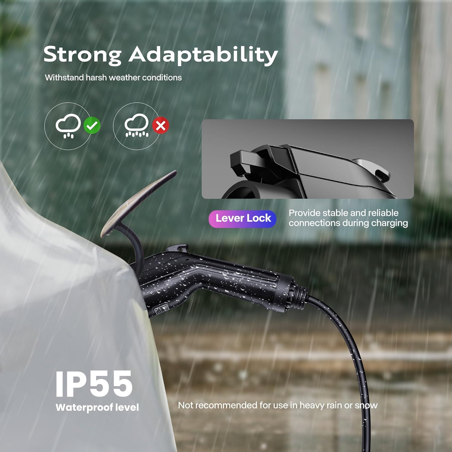 VIVOHOME EV charger in a rainy environment, highlighting its IP55 waterproof rating and safety features.