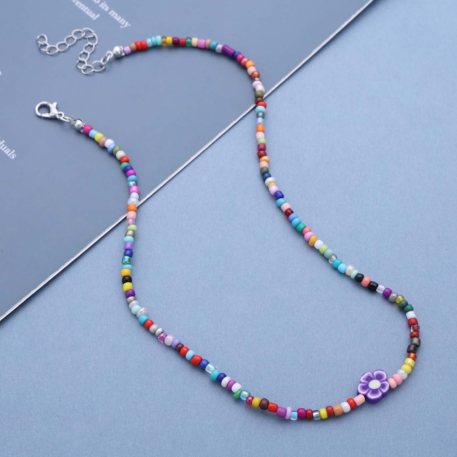 Boho Rainbow Bead Choker Necklace Colorful Rice Bead Necklace Vintage Seed Beads Flower Necklace Summer Beach Beaded Chain Necklace Jewelry for Women - Image 3