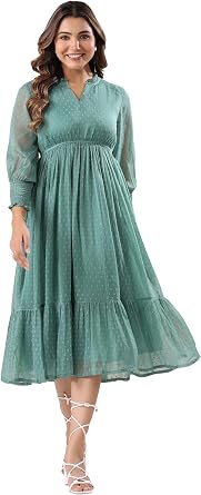 Janasya Womens Chiffon Sage Self Design Casual Wear Summer Dress for Women
