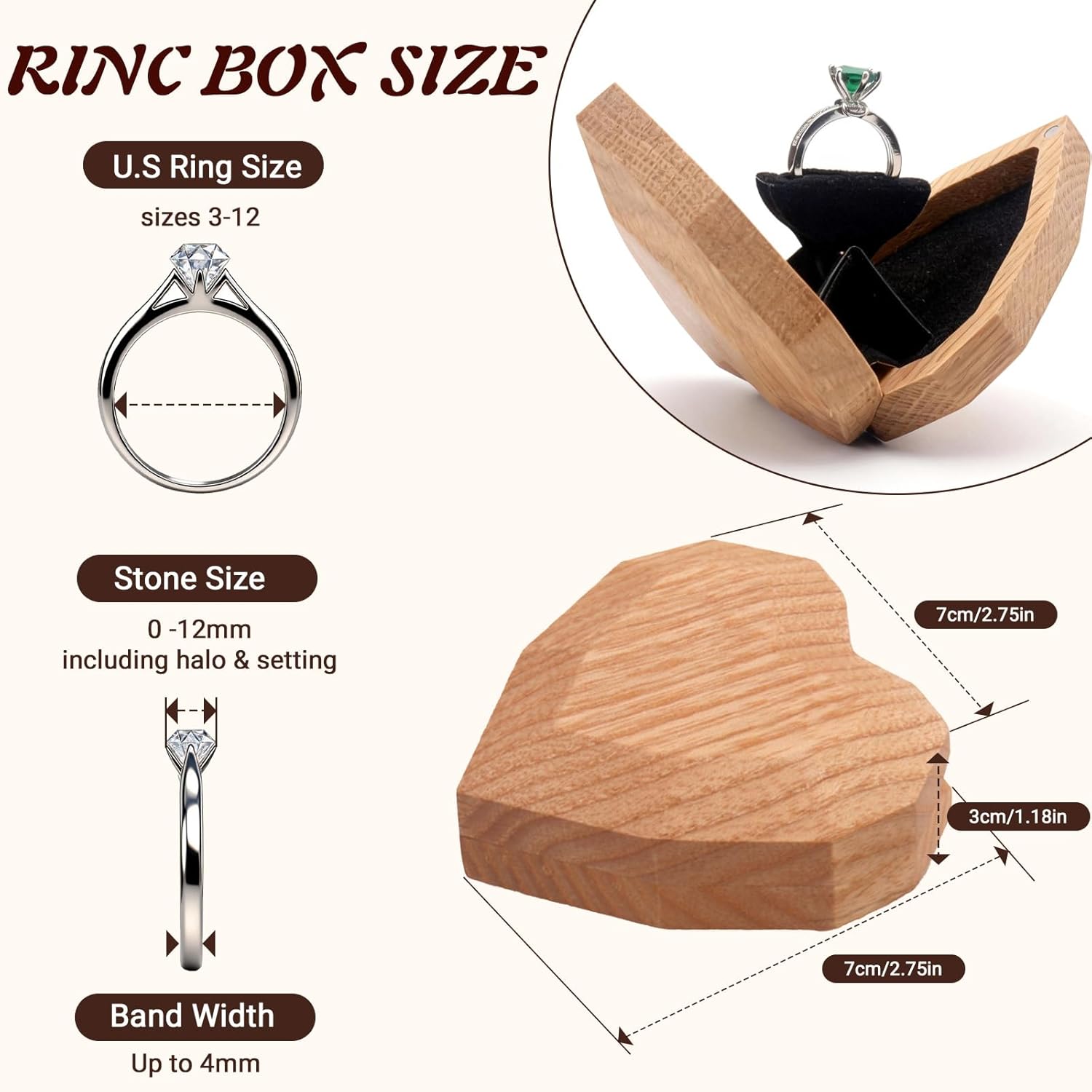 Wood Engagement Ring Box For Proposal Rotating Ring Box Case Wedding Day Jewelry Gift Box Packaging(White Oak, Heart Shape)