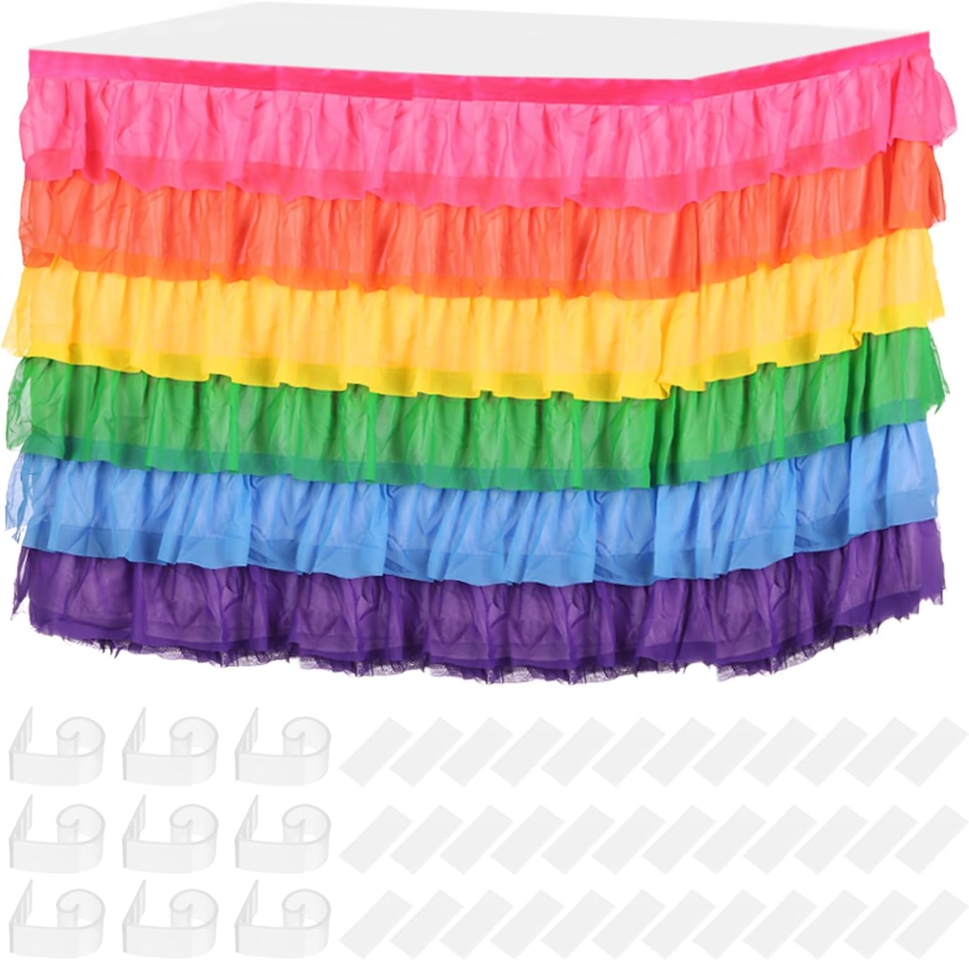 MECCANIXITY 1 Pack 14ft Rainbow Tutu Table Skirt, Ruffle Tablecloth for Rectangle or Round Table Cover for Birthday Weddings Cake Dessert Table Decorations