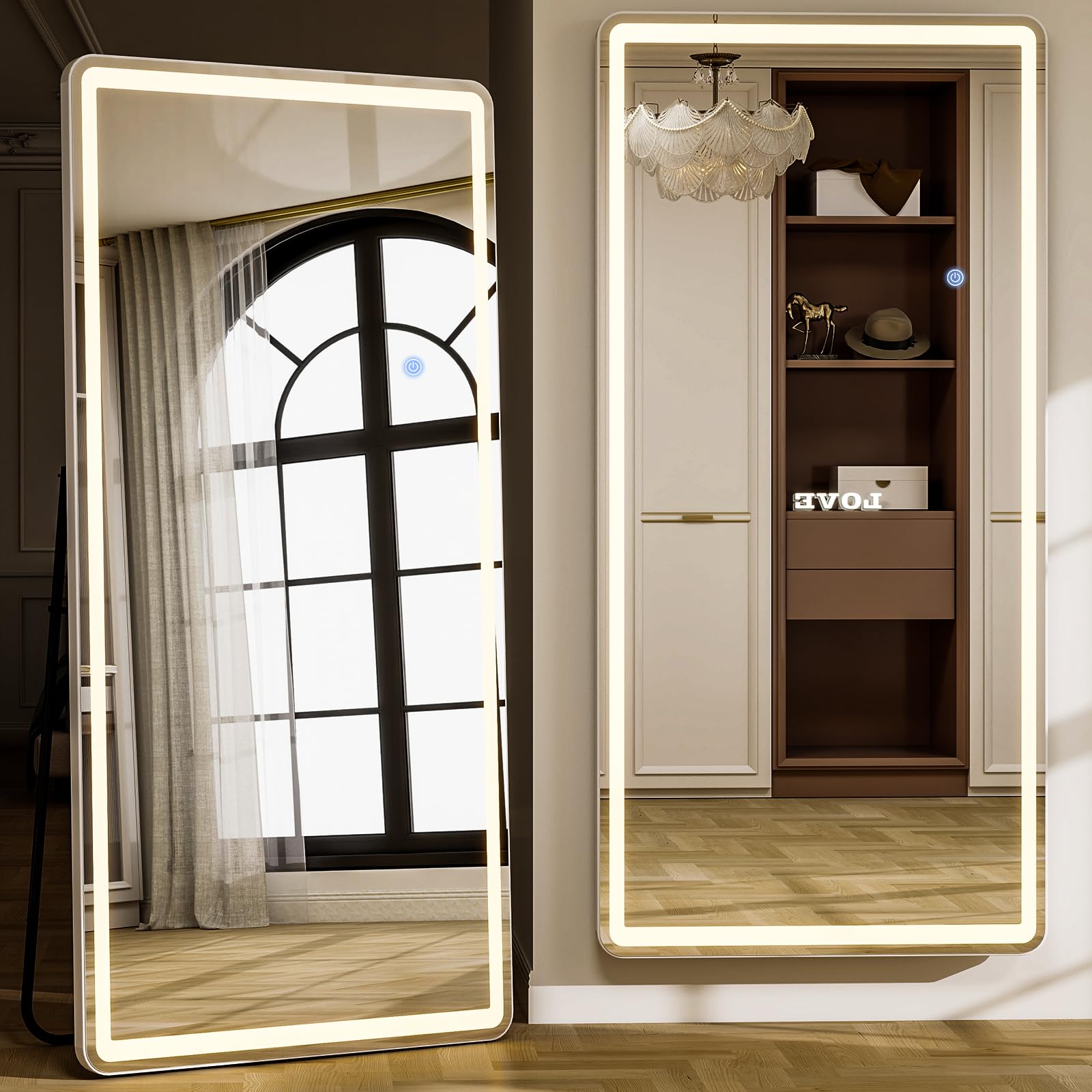 GLSLAND 20"x56" Arched LED Full Length Mirror with Lights – Wall Mounted or Standing Full Body Mirror for Bedroom/Cloakroom – Dimmable with 3 Color Lighting Modes