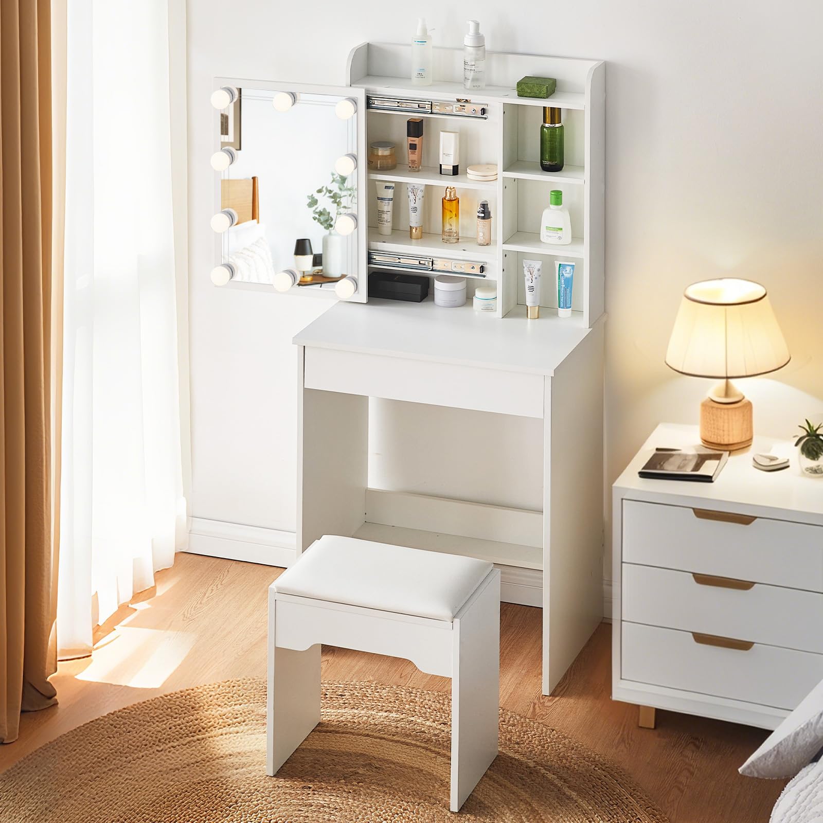 LEMROE Tocador Hollywood con Espejo LED y Taburete, Mesa de Maquillaje Blanca con 7 Estantes y 1 Cajón