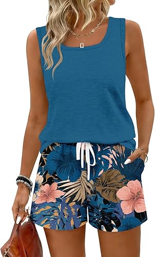 2 Piece Sets For Women Summer Hawaiian Outfits Flowy Sleeveless Tank Scoop Neck 