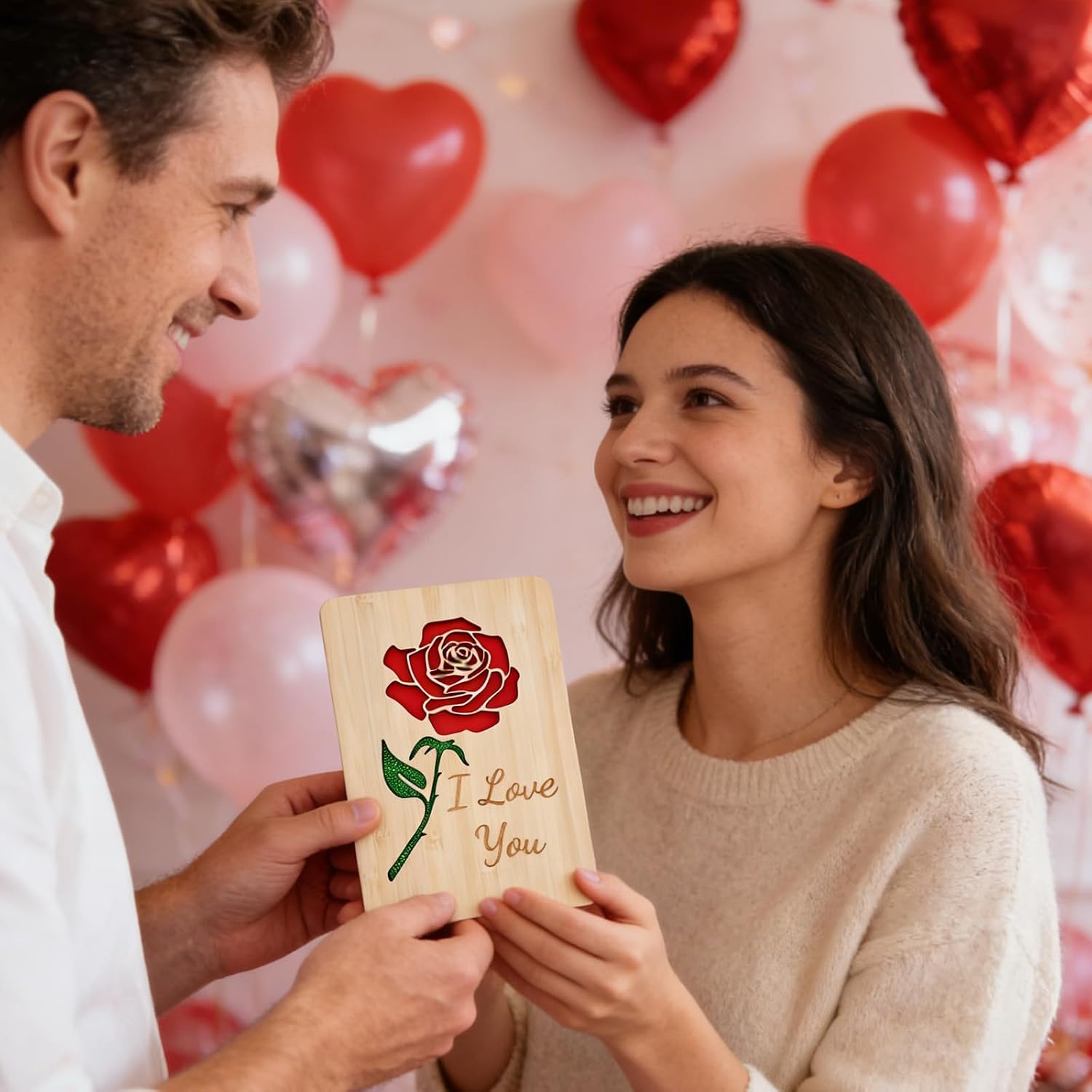 Wooden Valentine Card with Envelope for Her,Him,Romantic “I Love You” Rose Carving,Gift for Wife,Husband, Valentine’s Day, Anniversary,Birthday, Mothers Day
