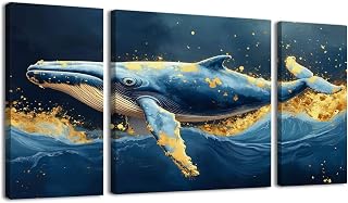 3 Piece Wall Art Prints Ocean Blue Whale Animal Hand drawn Gold Foil Texture Cool Waves Large Canvas Framed Artwork Wall Paintings Pictures Posters Home Decor for Living Room Office Bedroom
