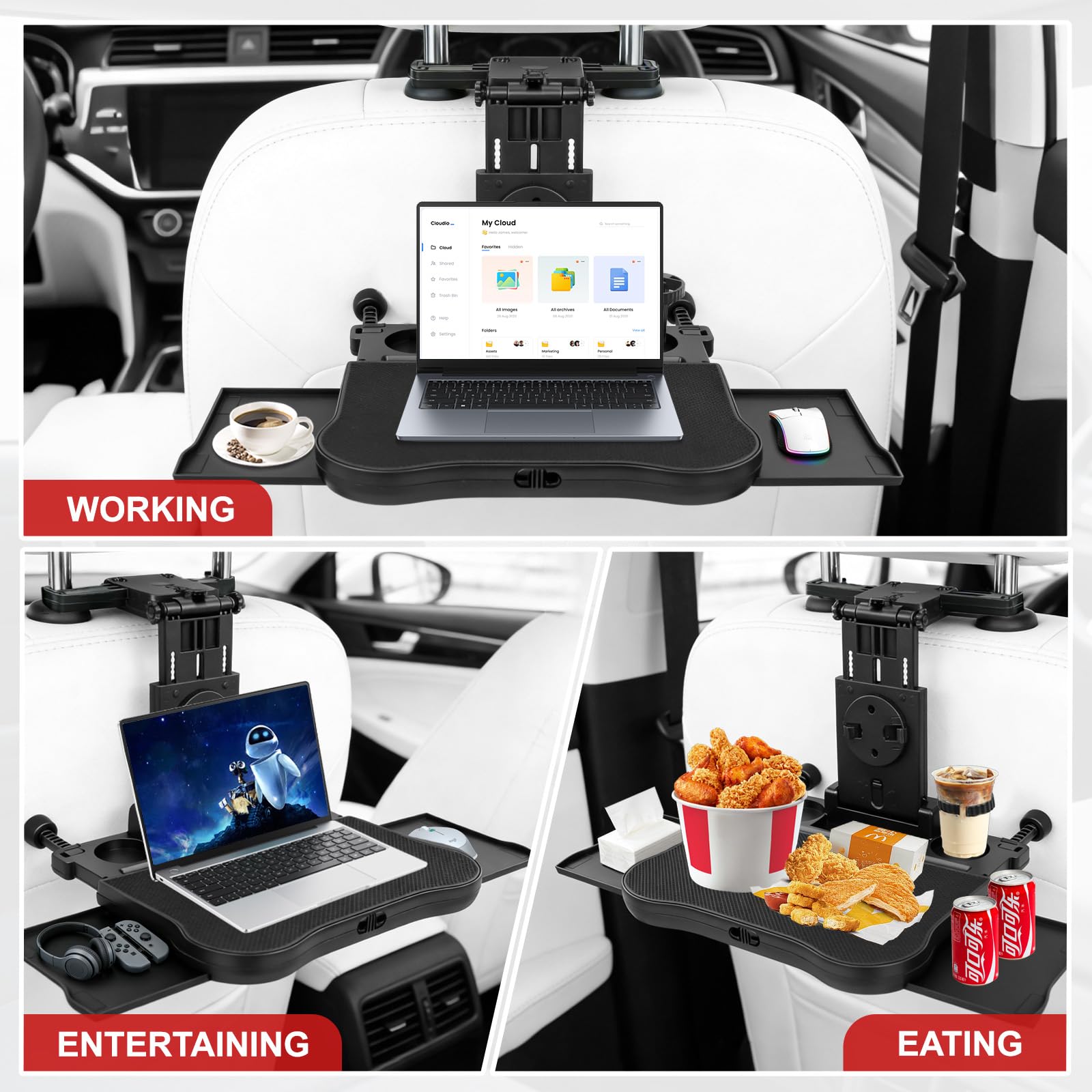 Auto Tisch für Rücksitz Beifahrer, Tragbarer Autositz Tabletttisch mit Getränkehalter und Handyhalter, Multifunktional Esstisch für Kinder Erwachsene, Faltbar, Belastbarkeit 15-20 kg