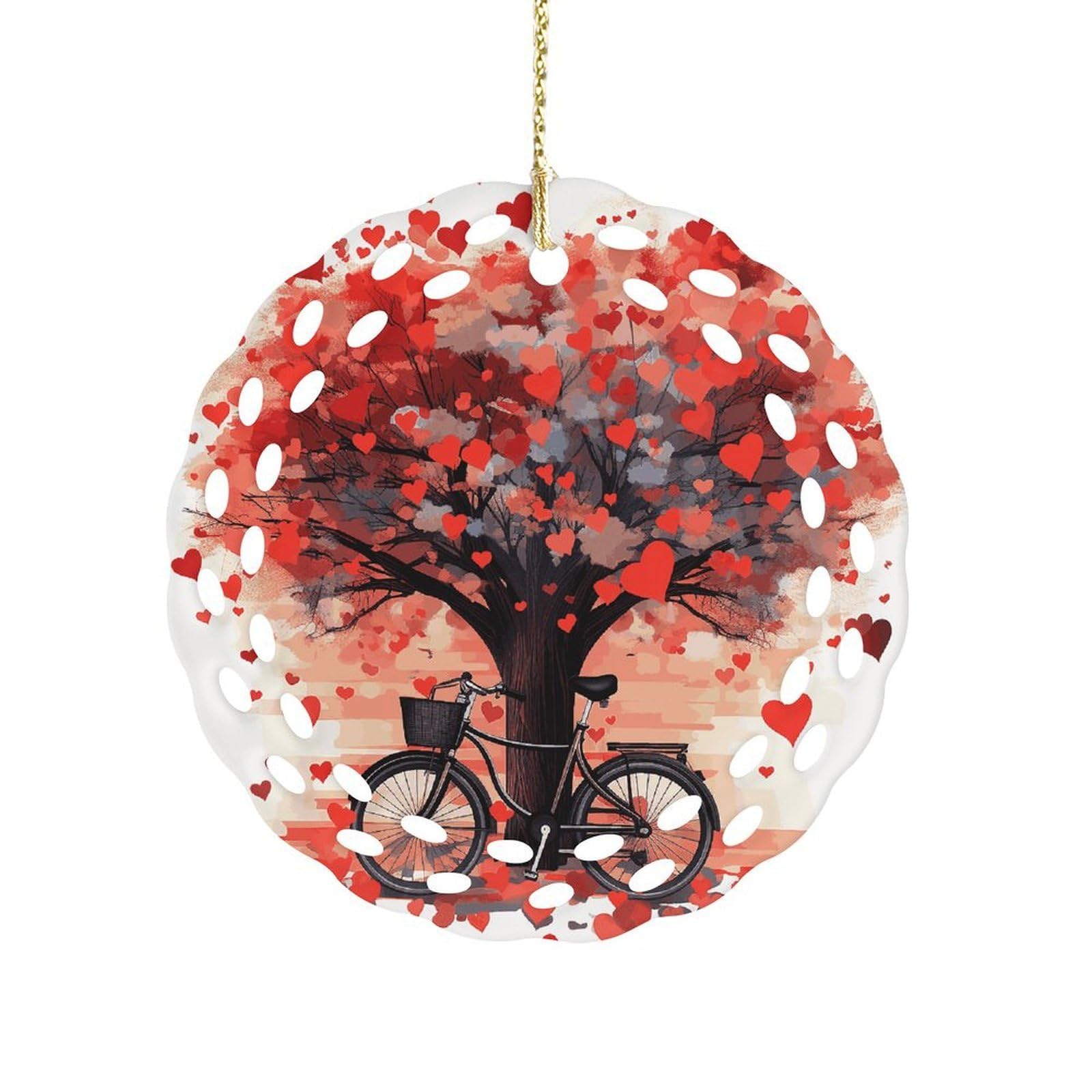 Btcowzrv Style Heart Tree Bicycle Ceramic Ornament,Round Ornaments With Hole Easy To Hang,Hanging Ornament For Wedding Party Home Window Garden Christmas Day Decor