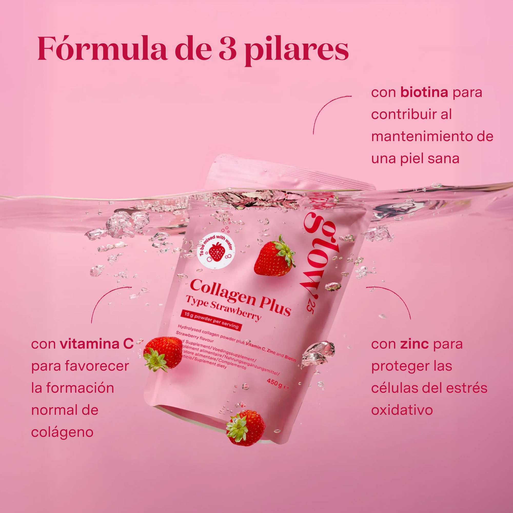 Glow25® Collagen Plus Type Strawberry 450 g – Vitamina C, zinc y biotina | Colágeno hidrolizado con vitamina C, zinc y biotina – Ideal para disolver en agua – Sabor fresa