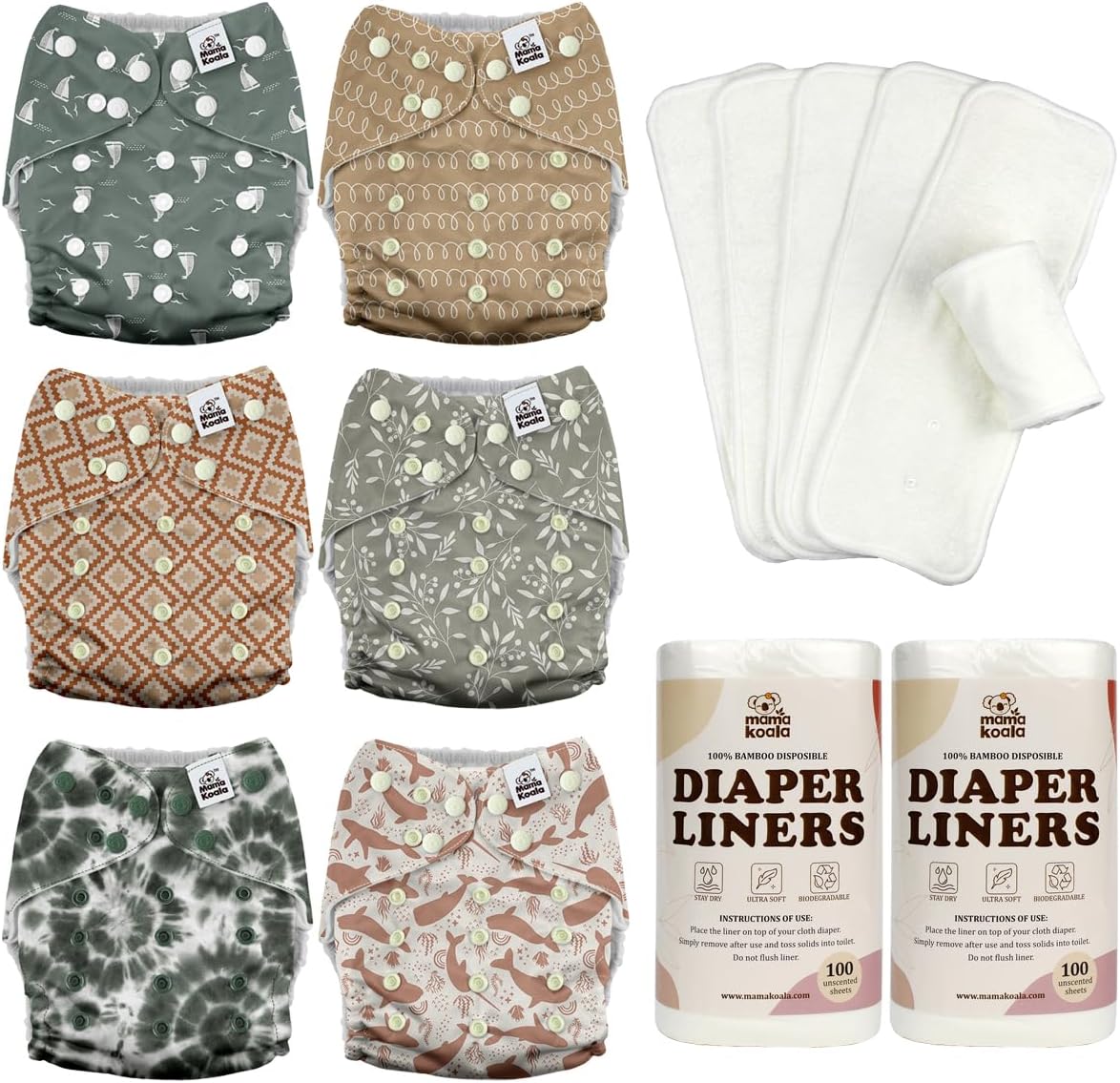 Mama Koala 3.0 Baby Cloth Diapers with 6 Inserts Bundle, with 2 Rolls Disposable Natural Liners