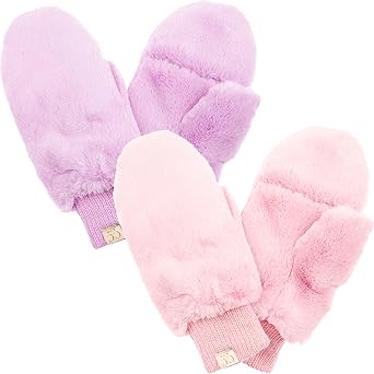 Funky Junque Kids Convertible Faux Fur Mittens Girls Mittens Ages 39, Warm Sherpa Winter Fuzzy Mitten with Finger Flap