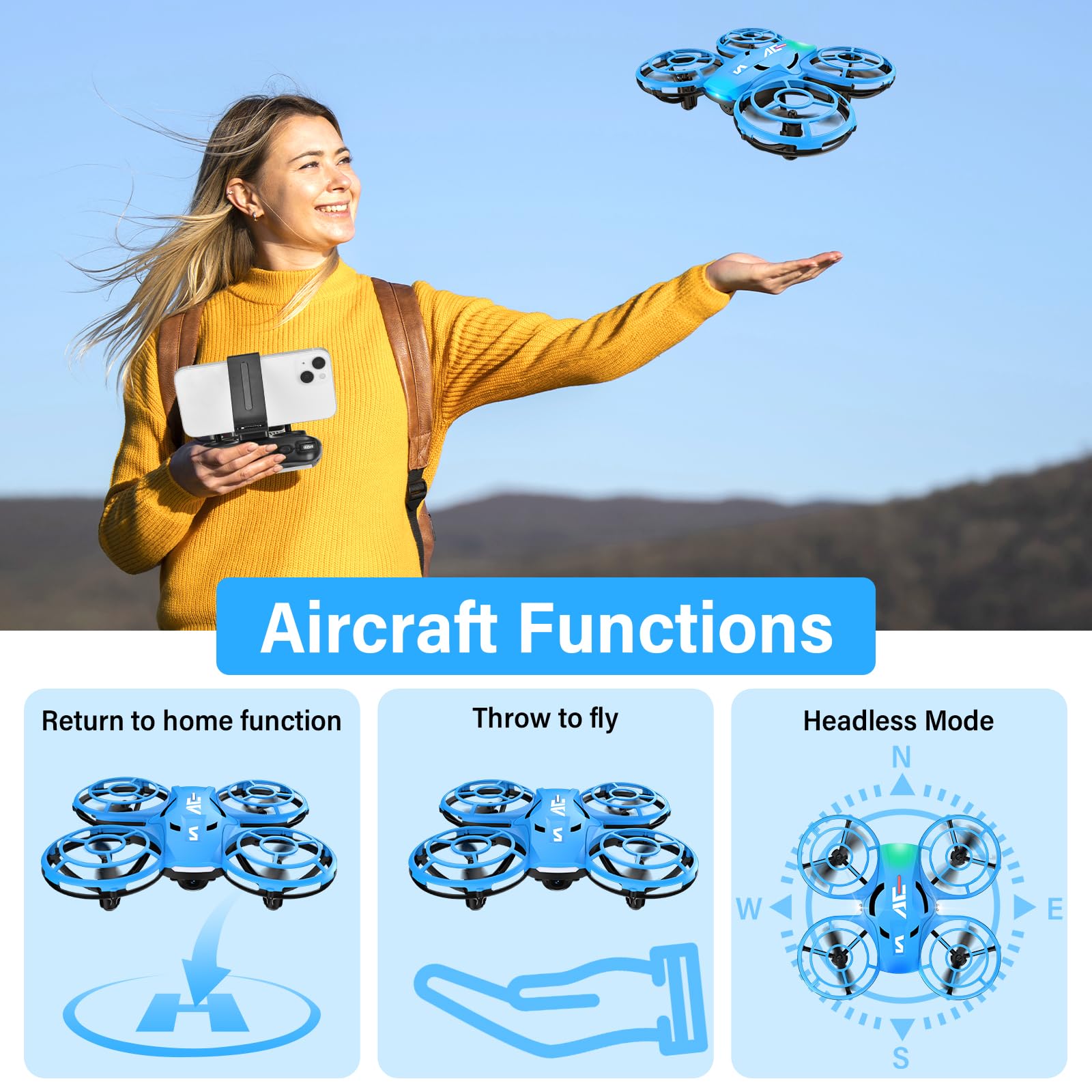 Fileeyn Mini Drone per Bambini, con Fotocamera HD 1080p, Controllabile tramite App Quadricottero RC con Luci a LED, Protezione dell'Elica con Flip 3D, Regalo Giocattolo per Bambini e Principianti