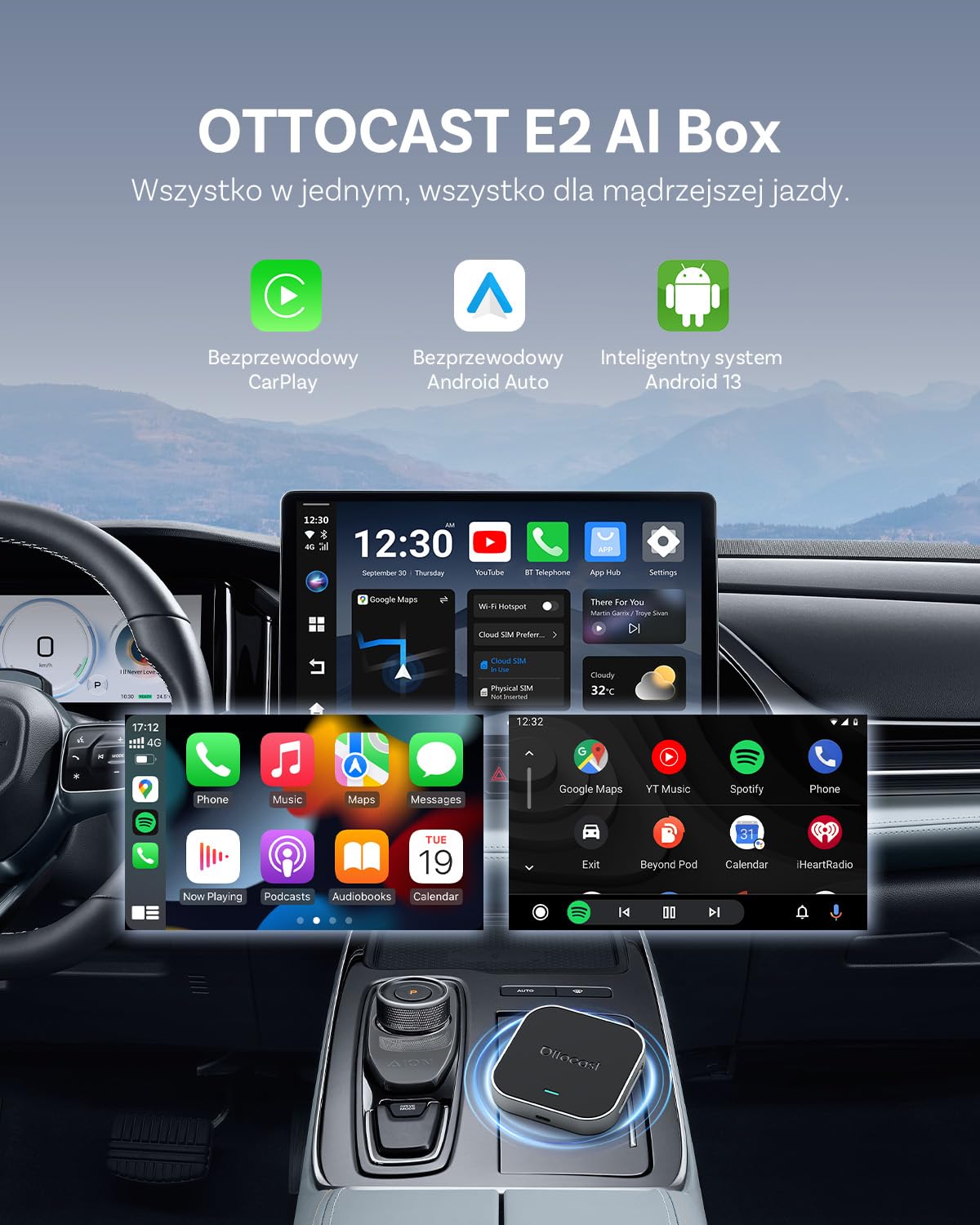 OTTOCAST E2 AI Box, 2026 Ulepszona 3-w-1 Bezprzewodowy Adapter CarPlay i Android Auto, Android 13 Multimedialny Samochodowy z Netflix YouTube, Obsługą WiFi i Karty SIM 4G, 4+64 GB, Aktualizacja OTA