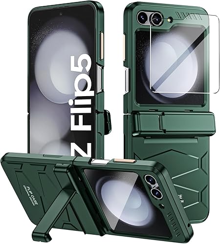 BSNRM Funda para Samsung Galaxy Z Flip 5 con función atril oculta y protección de bisagra, protector de pantalla pequeño integrado y mango