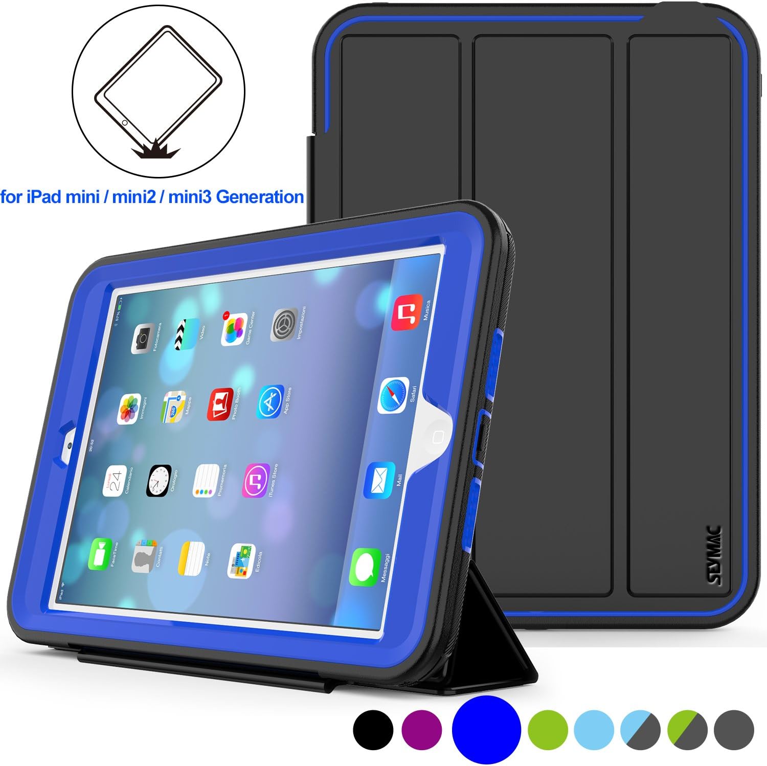 SEYMAC stock Case for iPad Mini 1/2/ 3 Case, (Not for mini5), [Heavy Duty ] Hard PC and Soft TPU [Smart Cover ] Auto Sleep Wake with Leather Stand Feature for iPadMINI1/2/3 (Blue)