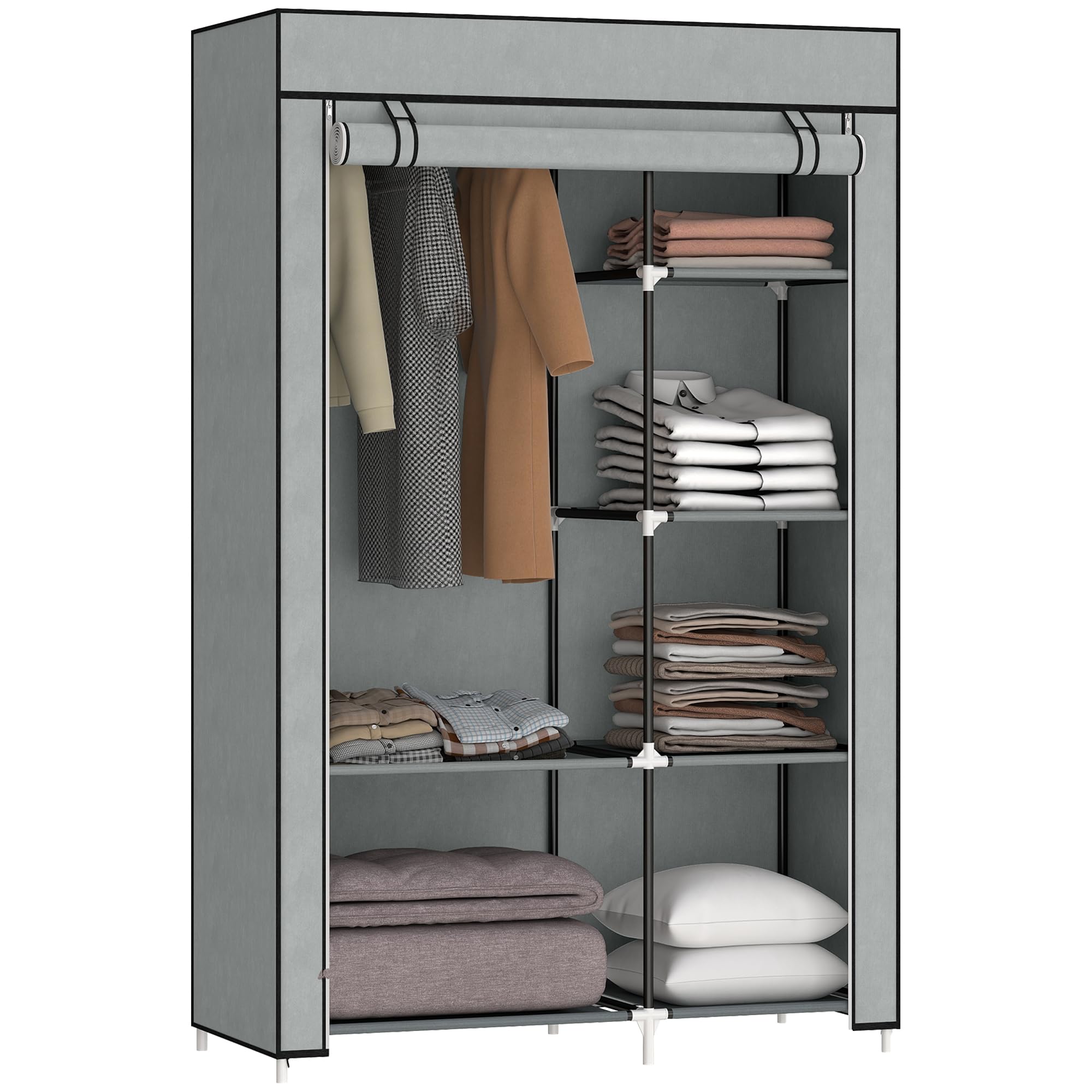 HOMCOM Fabric Wardrobe, Portable Wardrobe with 6 Shelves, 1 Hanging Rail, Foldable Closets, 103 x 43 x 162.5 cm, Light Grey