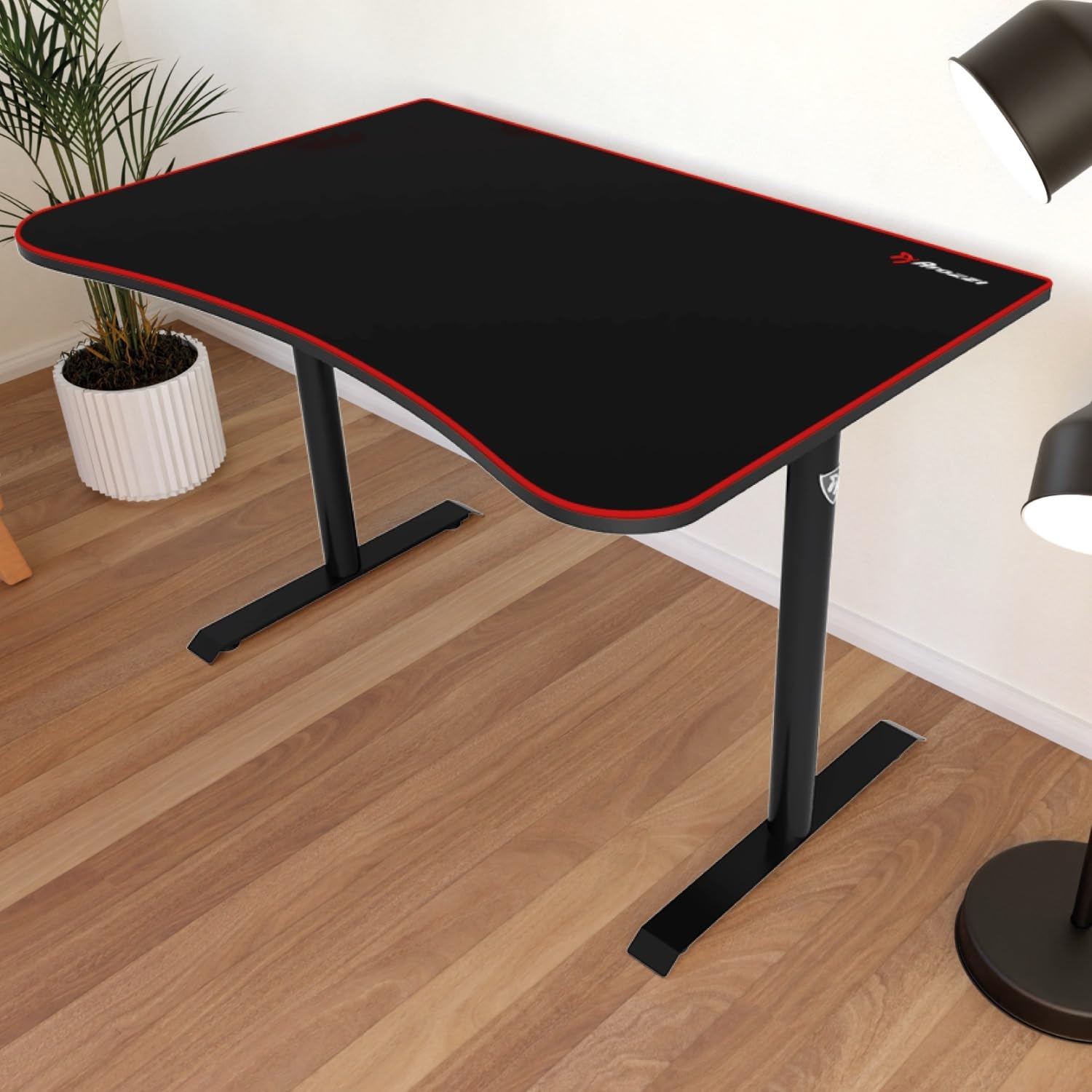 Arozzi Arena Fratello Gaming Tisch Schwarz | gebogen, vollflächige Schreibtischunterlage, Kabelmanagement, Monitorhalterung