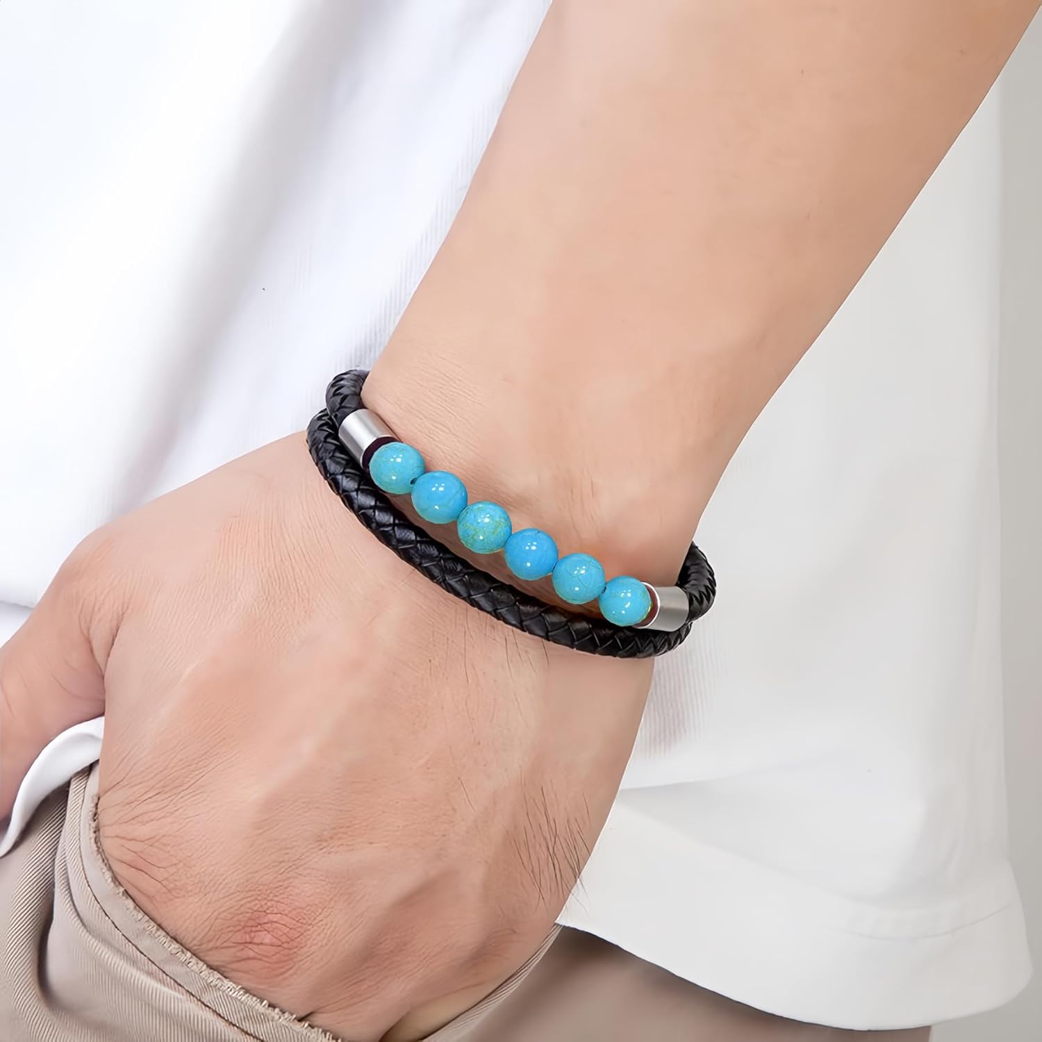 YL Mens Beaded Leather Bracelet, Black Onxy/Tiger Eye/Turquoise 18K Gold/Rhodium Plated Cross Christian Letter Initial Cuff Stainless Steel Handcrafted Jewelry Gifts - Image 8