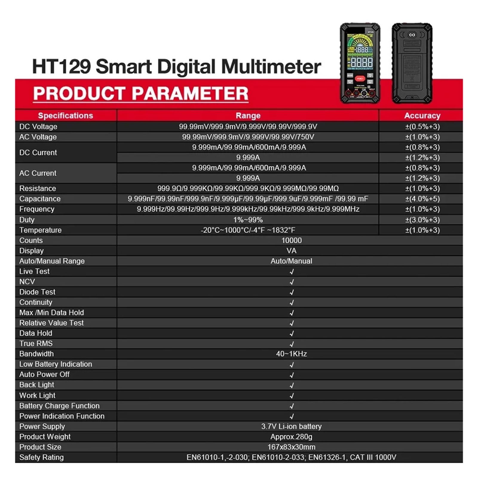 9999 Zliczeń Inteligentny Multimetr Cyfrowy Z Możliwością Ładowania True 1000V 10A DC AC Napięcie Prądu Multimetro Kolorowy Wyświetlacz LCD Multitester Szybko Dokładnie Łatwy Odczyt
