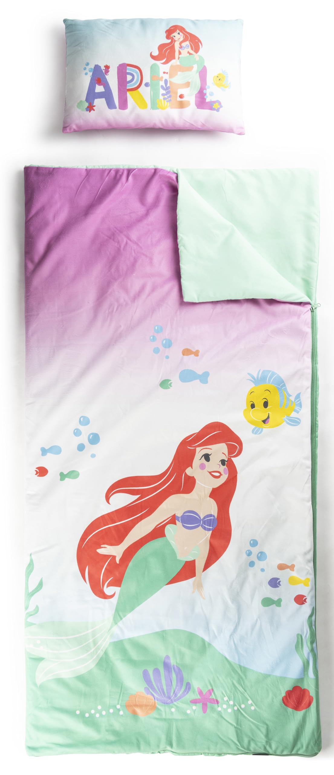 Jay Franco Disney Arielle Schlafsack- & Kuschelkissen 2er-Set für Kinder – weicher Indoor-Schlafsack mit Tragegriff, ideal für Klassenfahrten & Übernachtungen