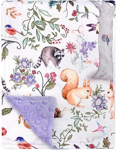 CARUILI Manta de bebé, mantas de vellón morado para niños y niñas, manta de Minky portátil cálida y suave con estampado de animales del bosque, para