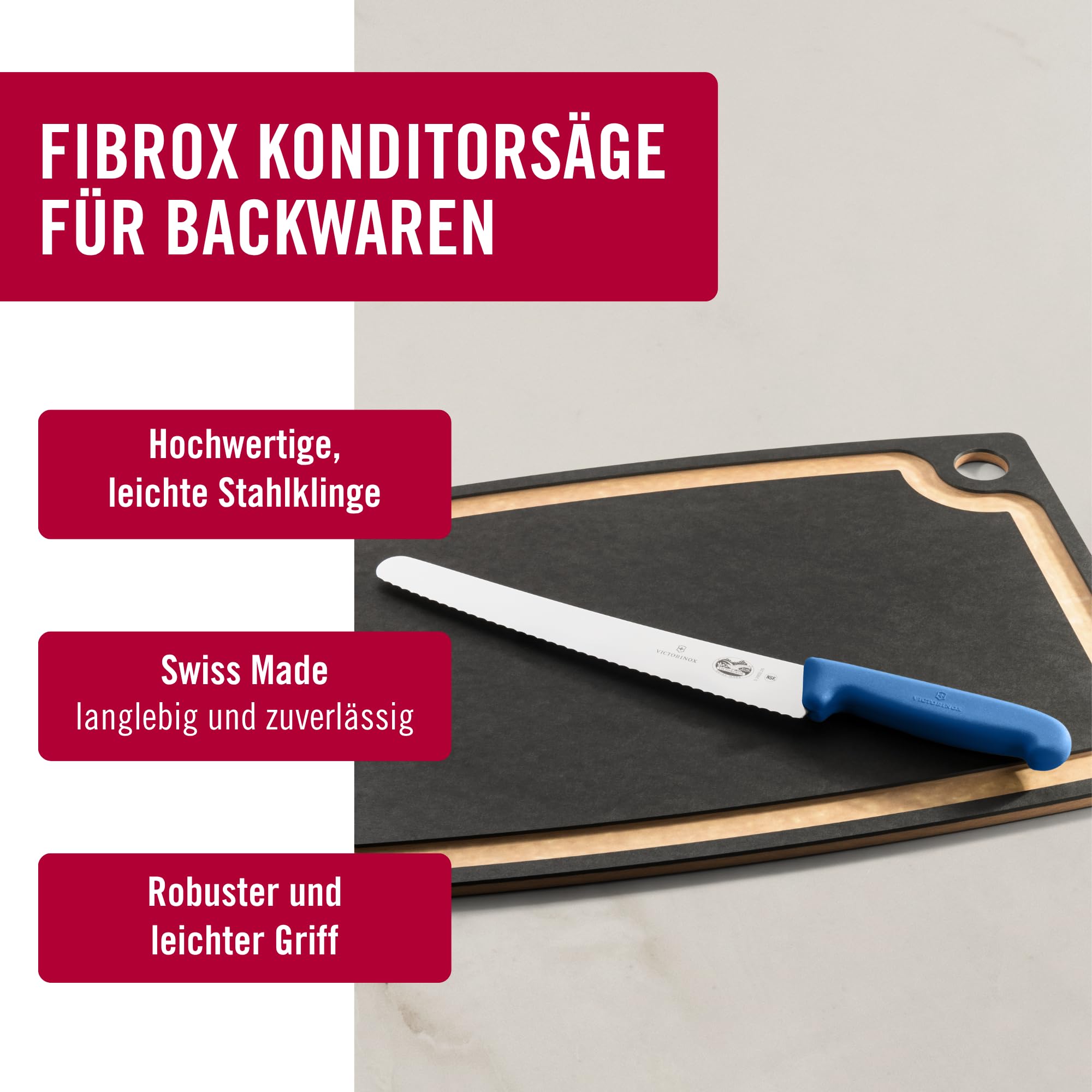 Victorinox Fibrox Konditorsäge mit Wellenschliff, Langes Küchenmesser für Kuchen und Backwaren, 26 cm, Scharf, Rostfreier Stahl, Blau