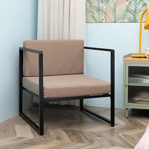 HollyHOME Silla perezosa moderna de tela de algodón con marco de metal con respaldo acolchado grueso y cojín sofá individual tapizado silla de