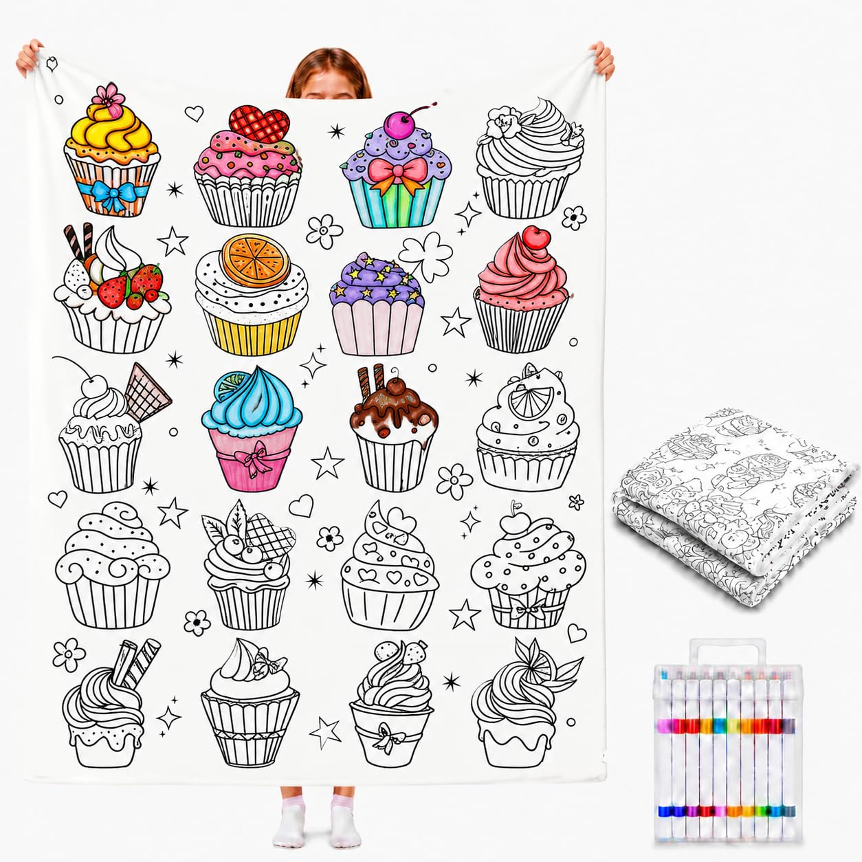 DIY Colouring Blanket for Adults with 24 Colour Markers, Colour Your Own Throw Blanket, Fun Creative Stress Relief Activity, Home Decor Perfect Birthday Gifts for Women Friends Family (Cupcakes)