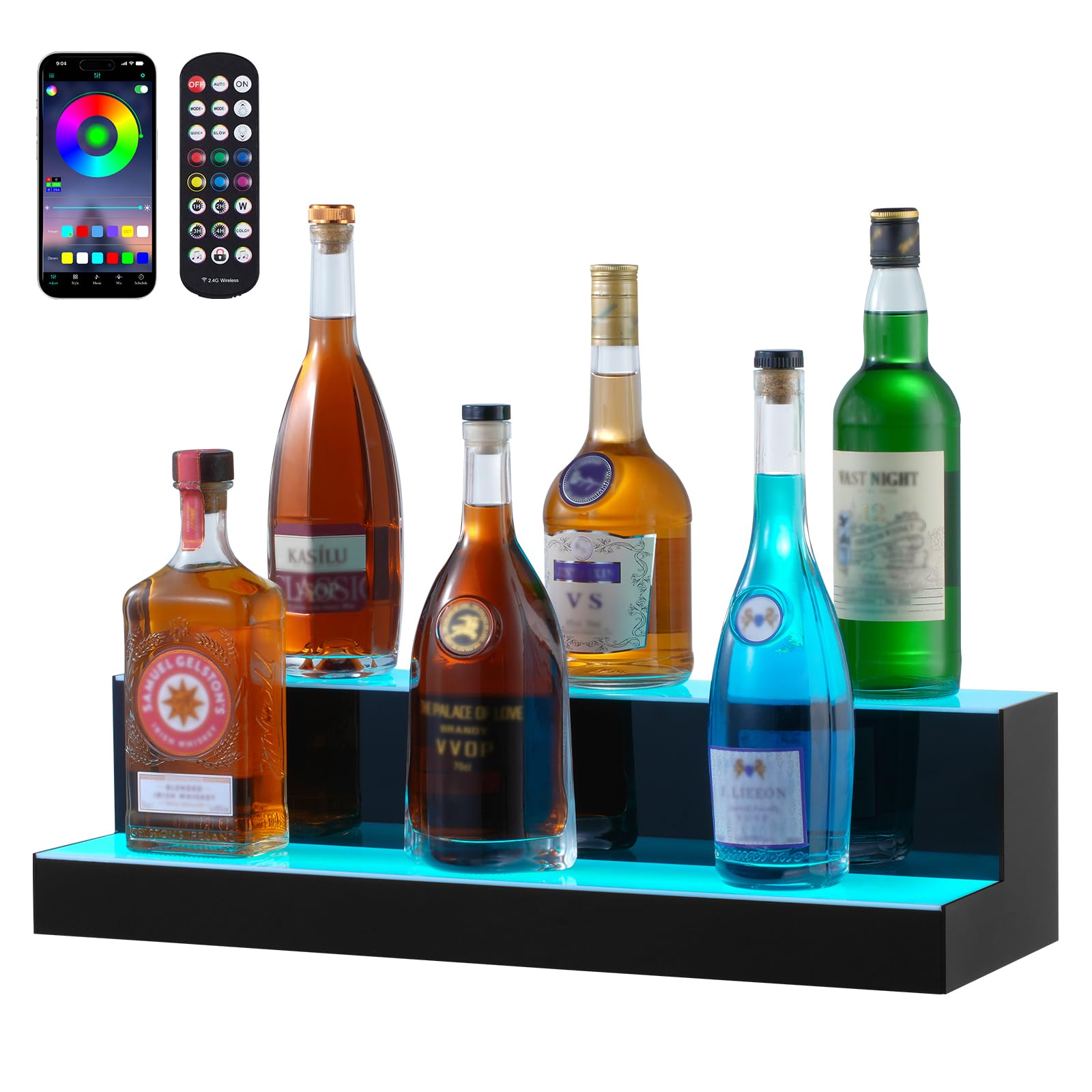 VEVOR LED Lighted Liquor Bottle Display, 2 Tiers 24 Inch Commercial Illuminated Home Bar Shelf, 2 Steps Whiskey Rack Stand, Acrylic Drink Shelves with RF Remote & App Control, and Multicolor Light