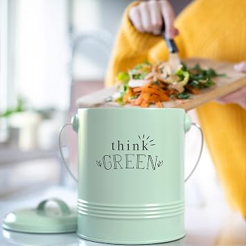 Barnyard Designs Decorative Compost Bin with Lid for Kitchen Countertop, Food Composter Container Can, Small Indoor Compost Trash Bucket, 1 Gallon (4.5L), Galvanized Steel, 18 x 24cm, Mint | Countertop Composter with Smell-Absorbing Filters and Removable Inner Bucket; Food Waste Pail for Easy Cleaning