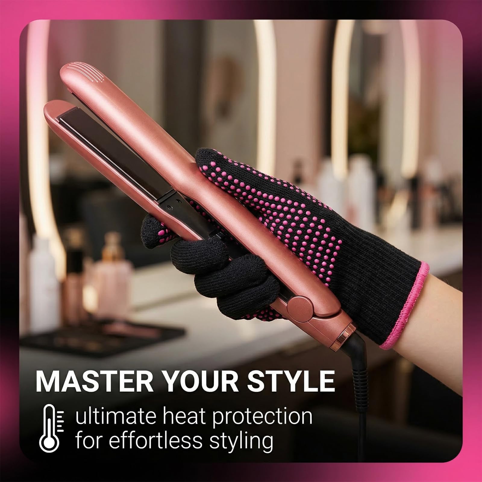 1 Paire de Gants Thermo-Résistants pour Lisseur et Fer à Boucler, Gants Anti-Brûlure Professionnels en Coton avec Picots Silicone Double Face, Protection Chaleur Coiffure, Rose Rouge