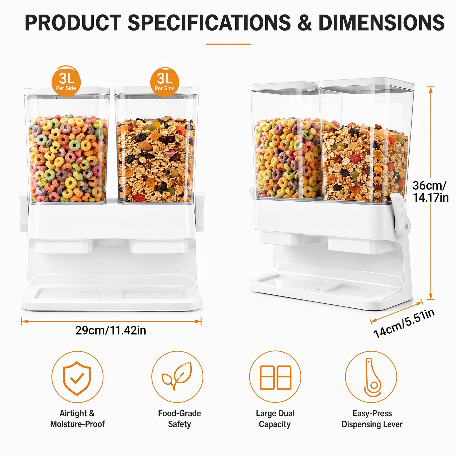 Doppio dispenser per cereali, 2 contenitori da 3 l, con dispenser, dispenser per cibo secco, cornflakes, cereali, riempitrice per cibo per animali (bianco)