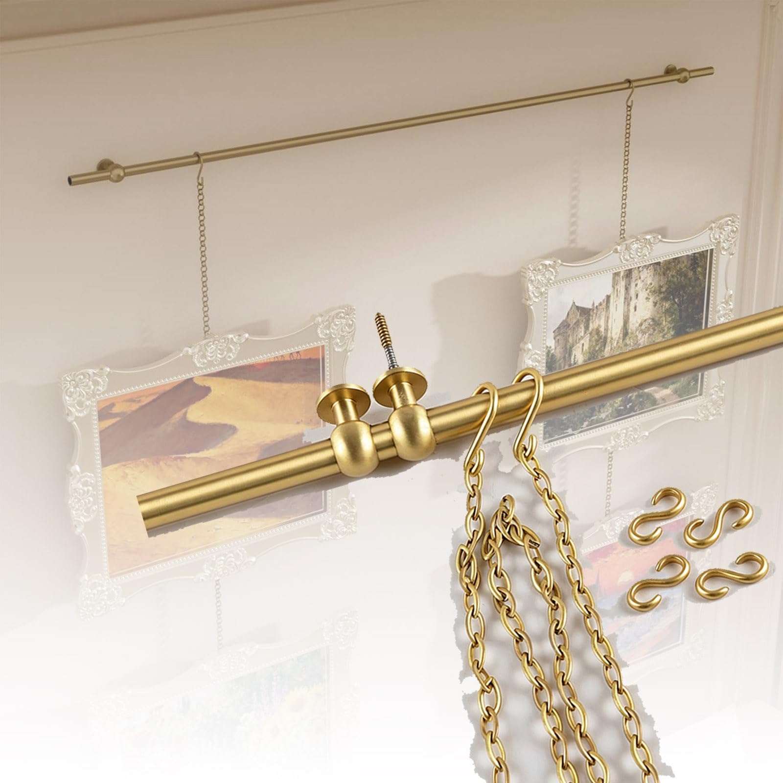 Picture Rail Hanging System, Brass Gallery Rail Kit, Gold Decor Rod, with Chains & Hooks, Up and Down Adjustable, for Museum Displays/Home Decor(39.4" Rod)