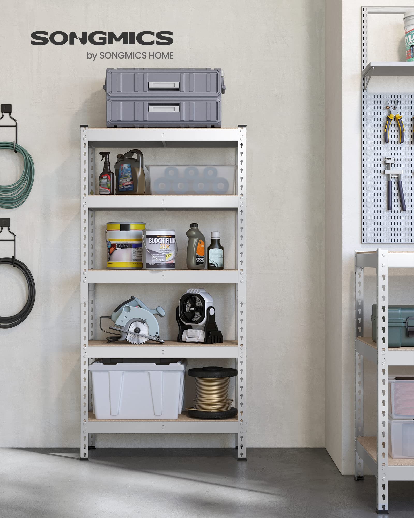 SONGMICS Scaffalatura a 5 Ripiani, Scaffale Portaoggetti, Montaggio Senza Bulloni, Ripiani Regolabili, 30 x 75 x 150 cm, Portante 875 kg, per Garage Magazzino Cantina, Argento GLR300E01