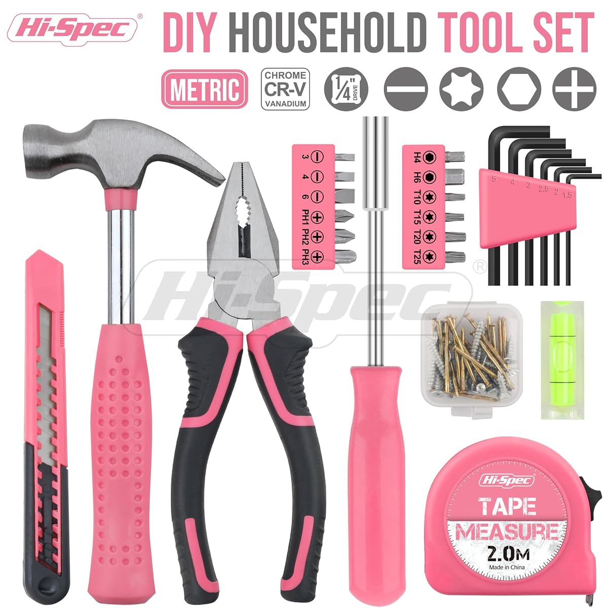 Hi-Spec Tool Set 25pc Pink Household DIY Tool Kit for Women. Small Mini Tool Box Set of Starter Basic Ladies Tools 25 Piece Pale Pink image 1