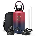 Trebo 1 Gallon Water Bottle Insulated with Paracord Handle and Straw,128oz Vacuum Double Wall Stainless Steel Large Jug,Keep Ice Cold 48hrs, Leakproof Sports Gym Flask for Men Women, Ruby Red