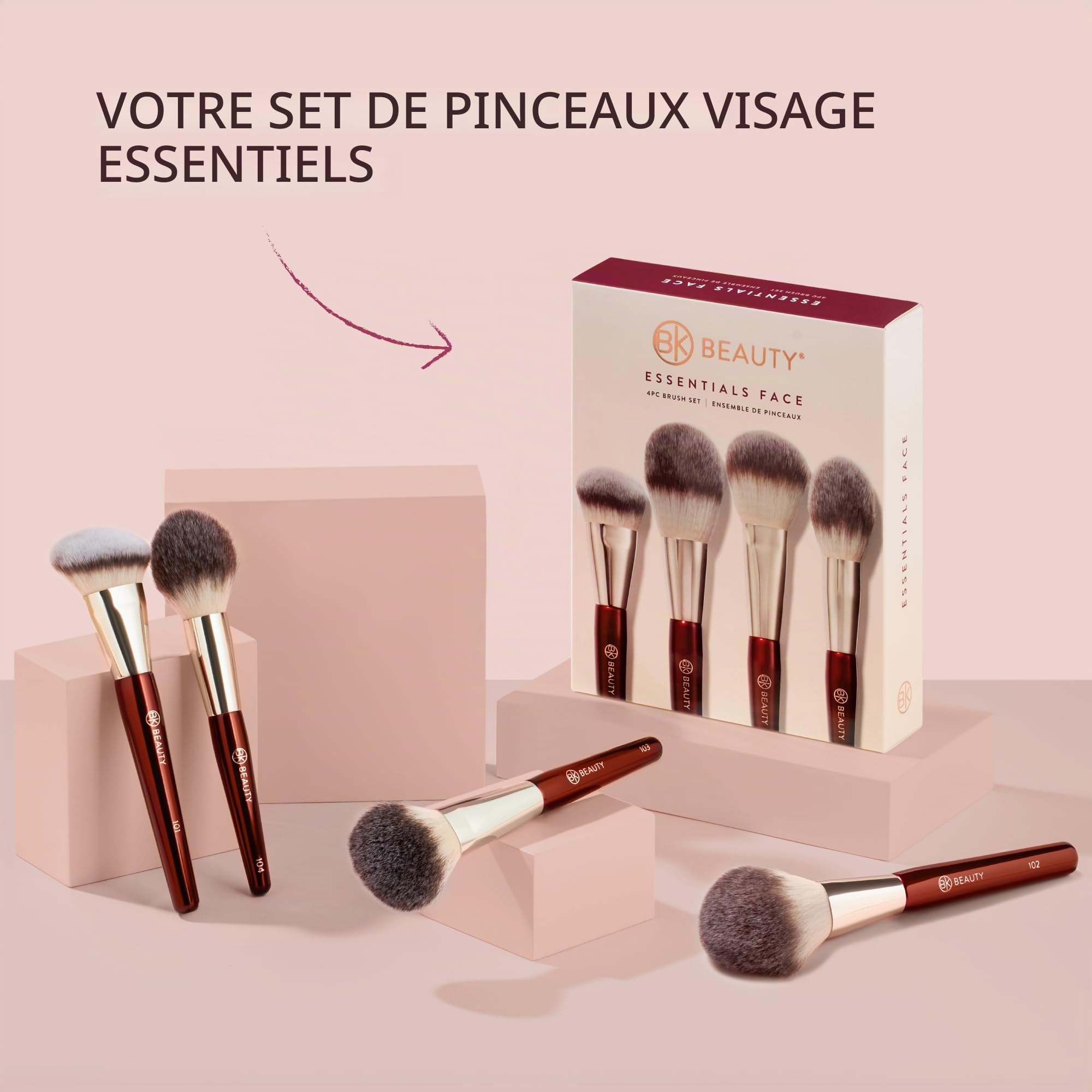 BK BEAUTY Essentials Lot de 4 pinceaux de maquillage pour le visage 100% sans cruauté envers les animaux, végétaliens, doux avec 4 pinceaux pour le visage