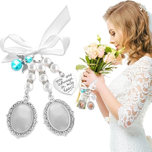 Miniatura 5 de Lusofie 1 ramo de boda para fotos de novia, para boda, lazo de memoria, perla de encaje, ovalado, ángel conmemorativo, dije de foto con texto en