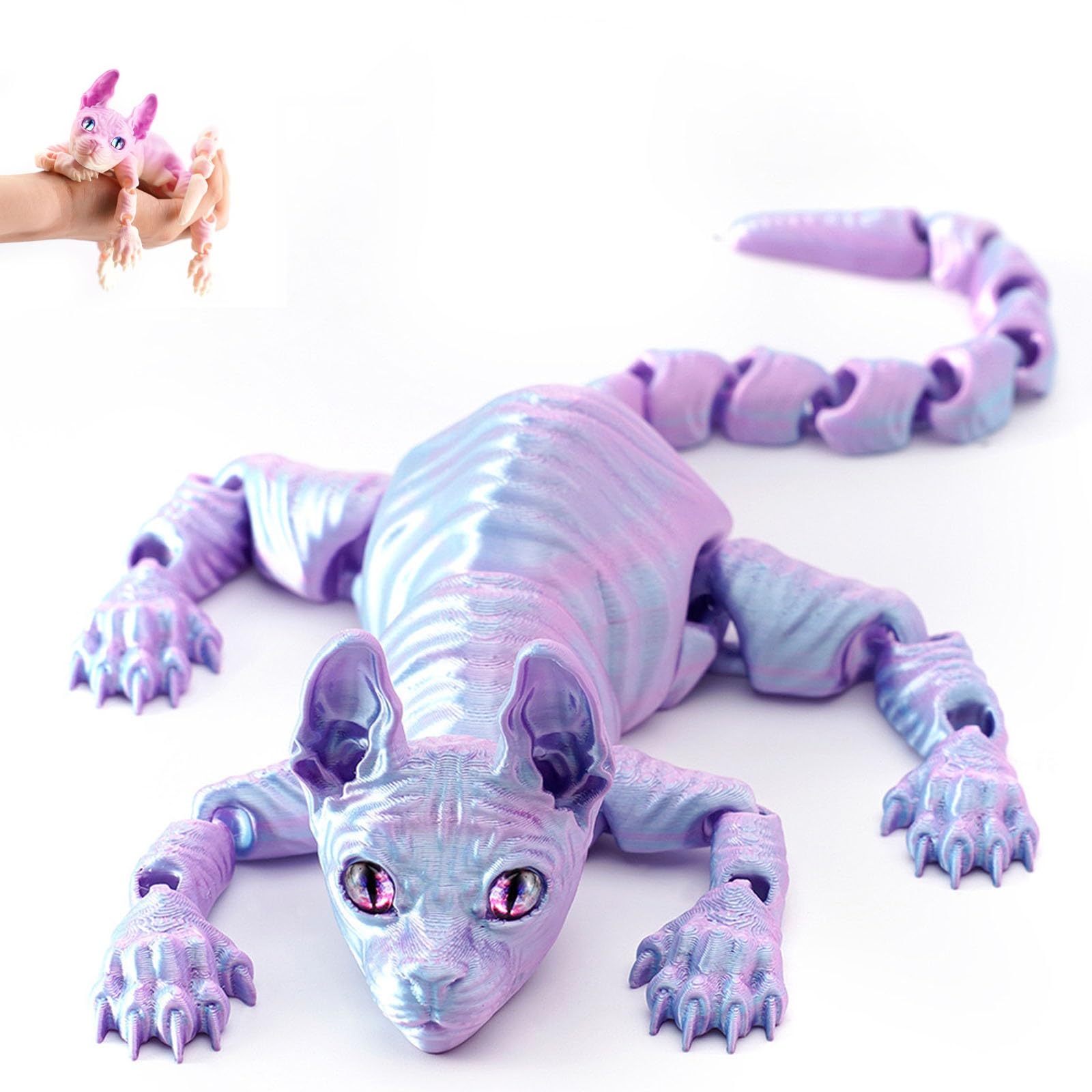 Mystic Meow – 3D Guardian Cat, 3D Printed Cute Hairless Cat, Realistic Flexible Articulated Joints Animal Figurine, Gifts for Cats Lovers, Fantasyfans and Creatives(Blue,22cm)