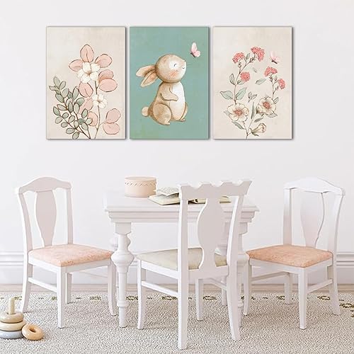 Miniatura 3 de Dytila Juego de 3 cuadros enmarcados para pared de guardería, cuadros botánicos de flores rosas, pinturas de conejitos verdes, impresiones en lienzo