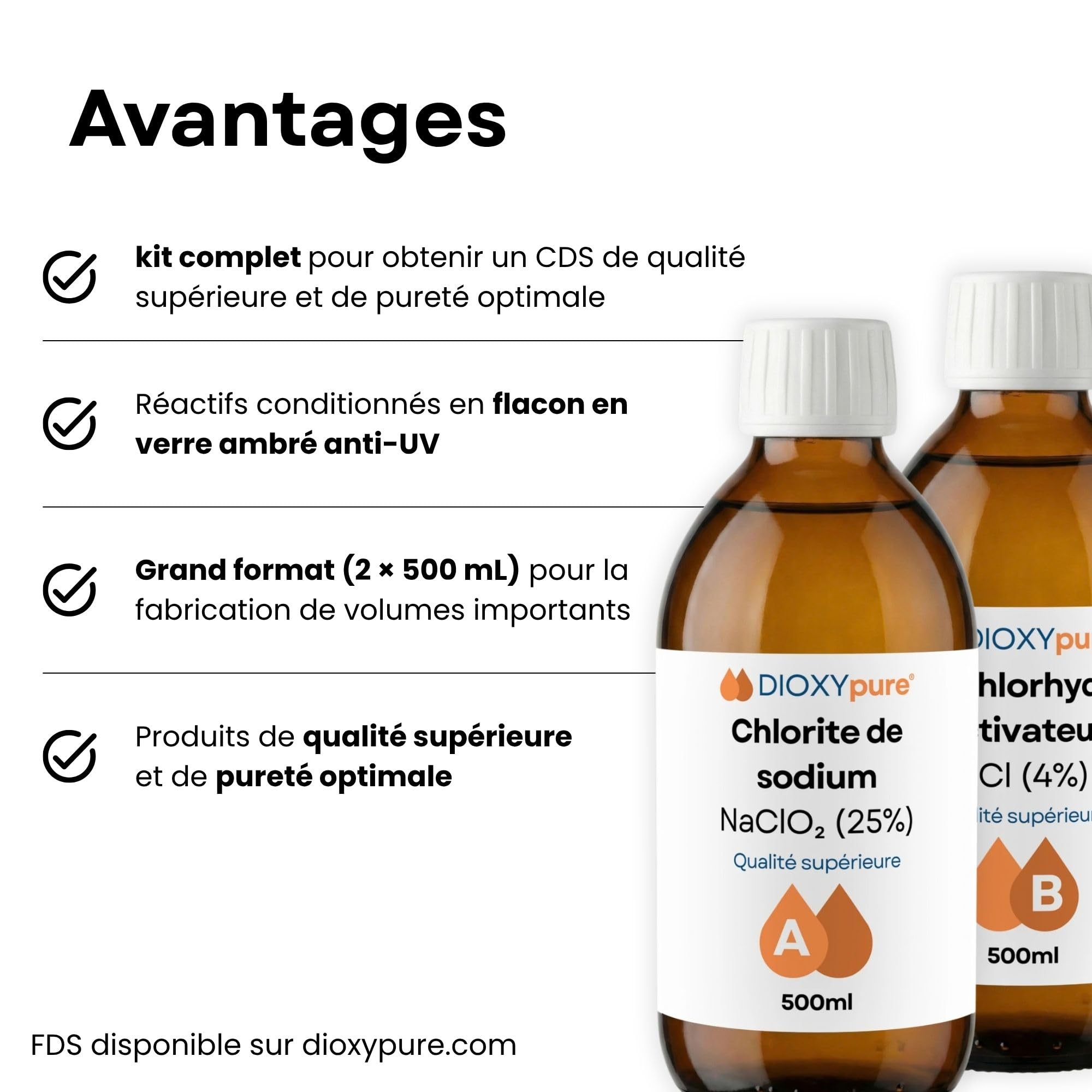 Dioxyde de Chlore - Kit de Production Complet Méthode Bocal - Chlorite de Sodium 25% et Acide chlorhydrique 4% - Fabrication du CDS (réactifs + Accessoires)