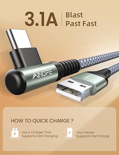 Vista 3 de AINOPE 2-Pack 0.5ft USB C Cable, 3.1A Fast Charging, Right Angle, Durable Nylon Braided, Compatible with Galaxy S22 S21 Plus S20, Note 10 9 LG, Type